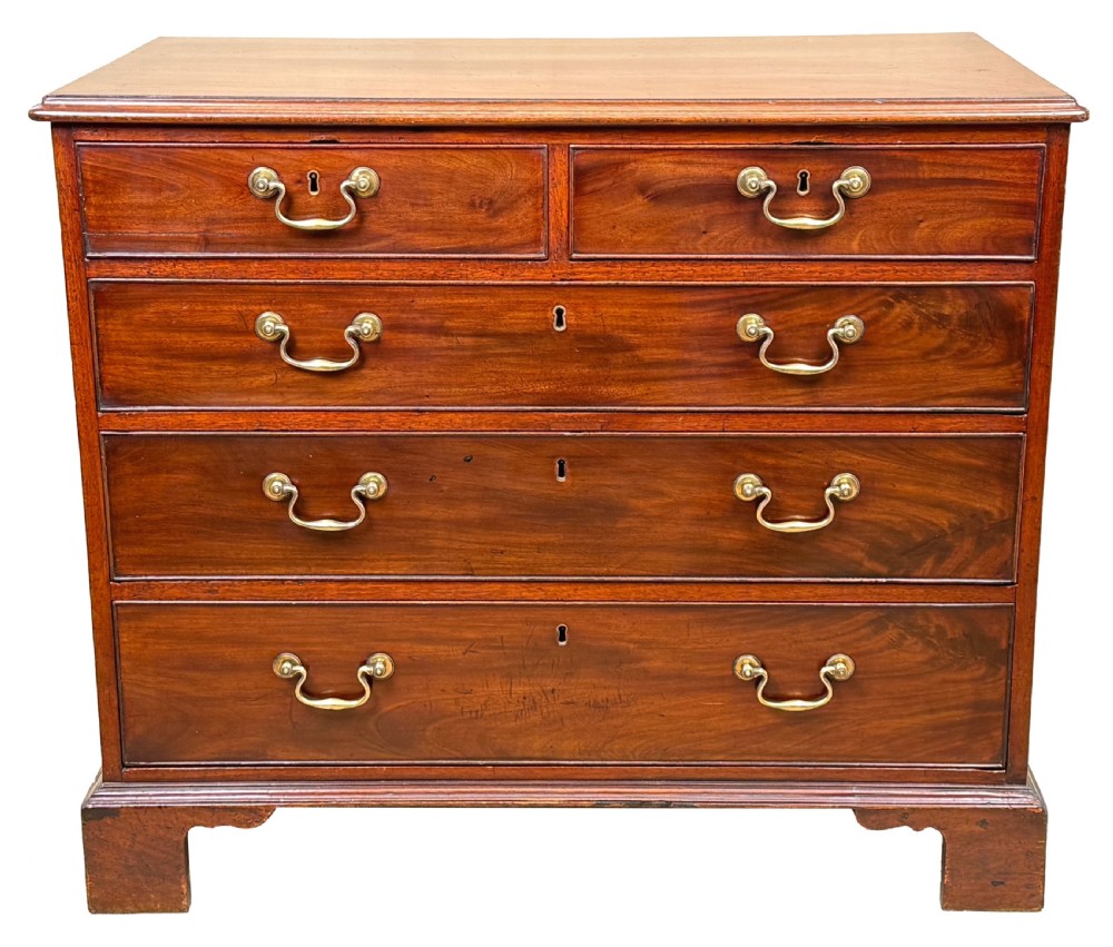An 18th-century Chippendale mahogany chest of drawers featuring a two-over-three drawer configuration, brass swan-neck handles, keyhole escutcheons, and bracket feet. View IX