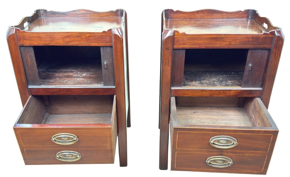 A matching pair of 18th-century mahogany bedside tables featuring gallery tops with side handles, slatted tambour doors, and drawers with brass oval handles and fine inlay. View II
