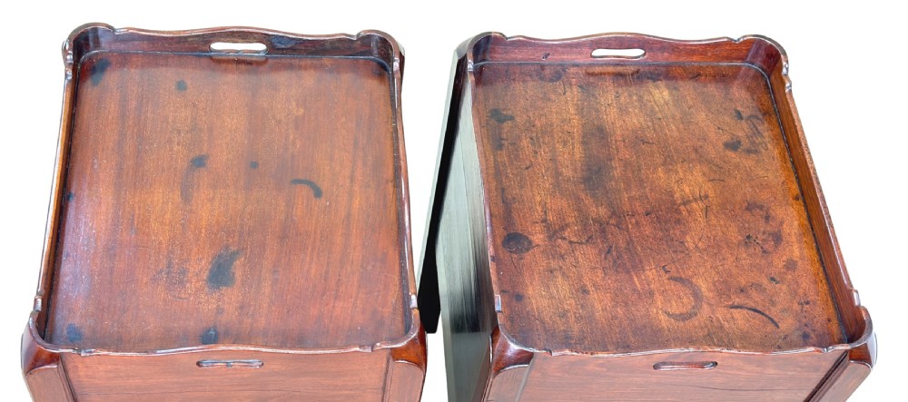 A matching pair of 18th-century mahogany bedside tables featuring gallery tops with side handles, slatted tambour doors, and drawers with brass oval handles and fine inlay. View IV