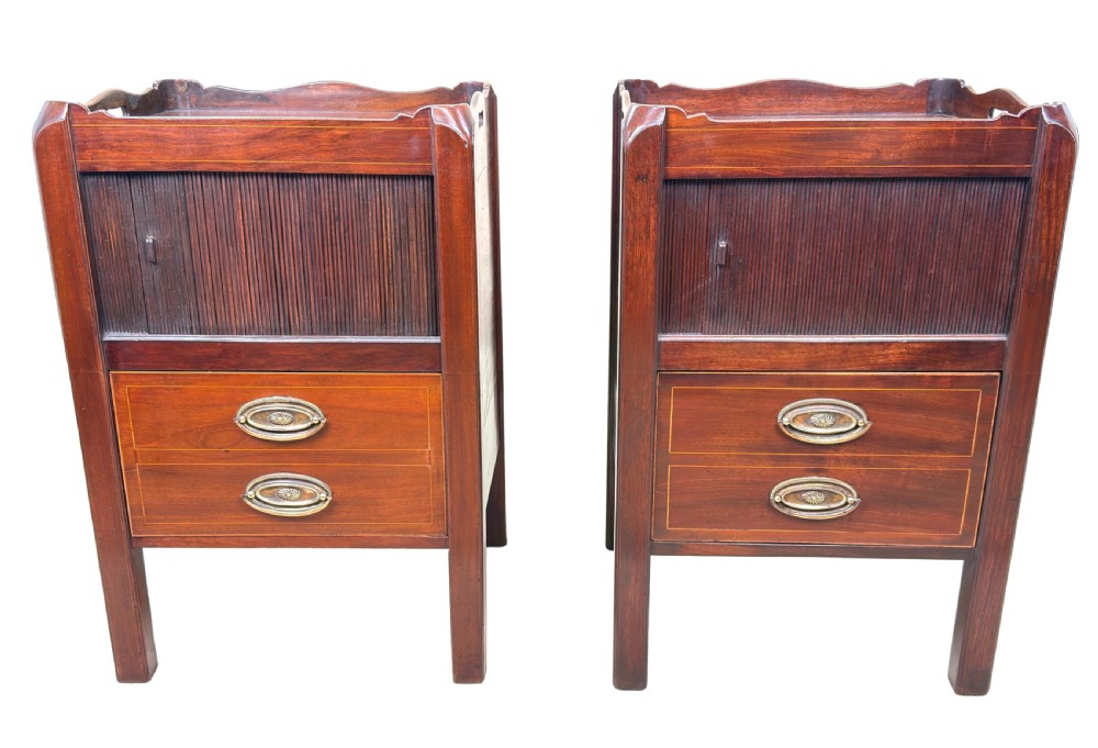 A matching pair of 18th-century mahogany bedside tables featuring gallery tops with side handles, slatted tambour doors, and drawers with brass oval handles and fine inlay. View XI