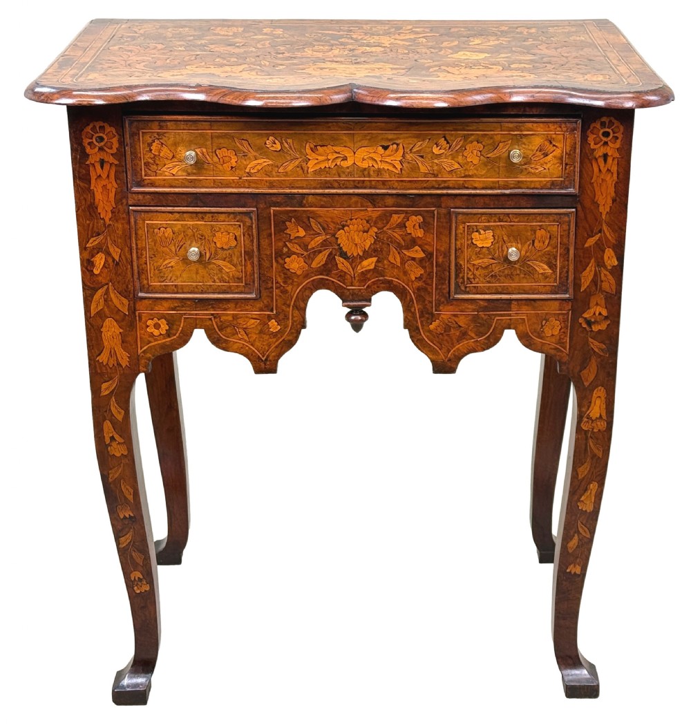 An 18th-century walnut lowboy side table decorated with intricate floral marquetry, featuring four drawers, a shaped apron with a drop finial, and cabriole legs. View XIII