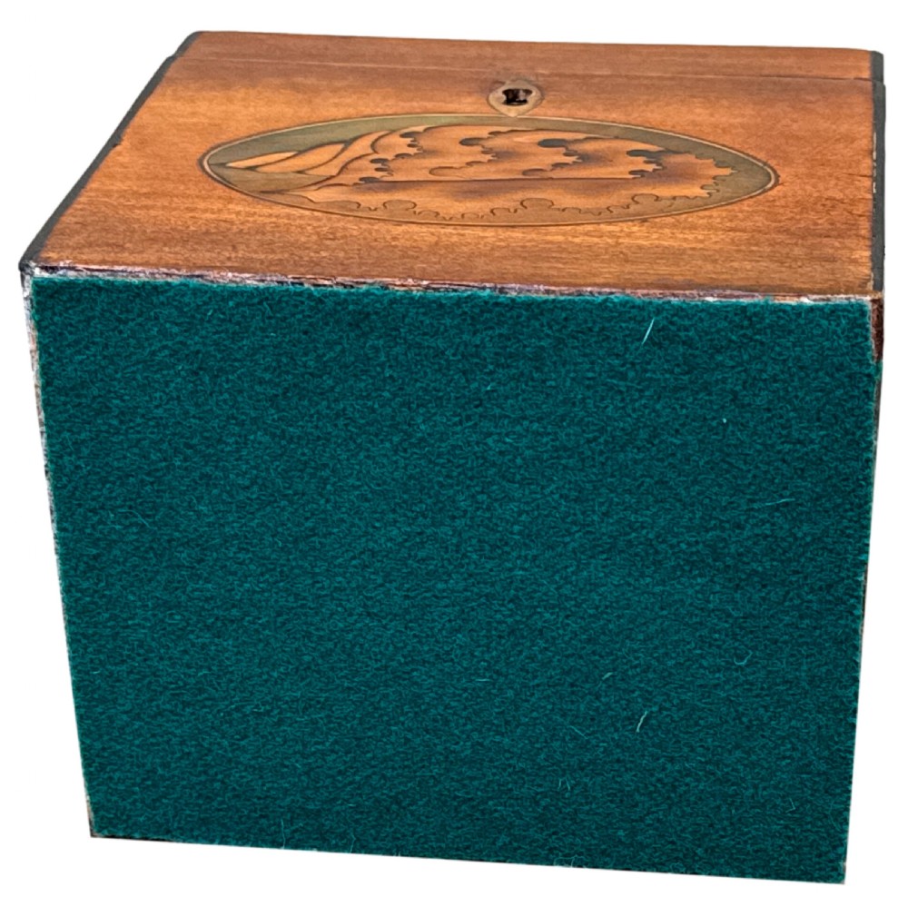 An 18th-century rectangular satinwood tea caddy featuring an oval butterfly marquetry inlay on the lid and a shell motif on the front face. View IX