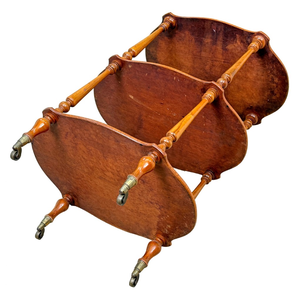 A 19th-century three-tiered burr walnut etagere featuring floral marquetry inlays, slender turned supports, and brass castors. View XIII