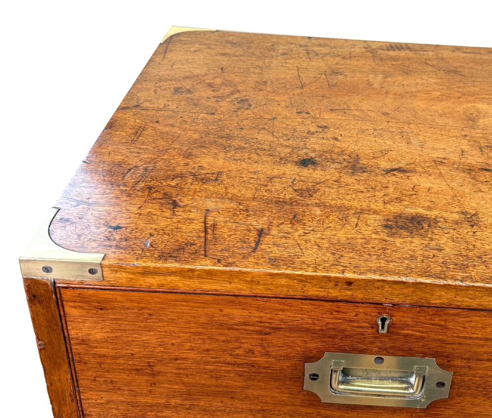 A nineteenth-century camphor wood military campaign chest of drawers featuring flush brass handles, corner brackets, and turned bun feet. View XII