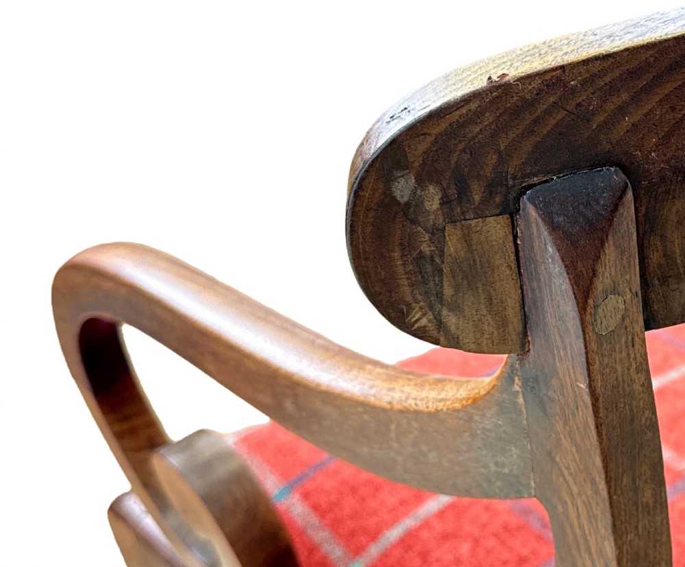A pair of Regency mahogany carver armchairs featuring scrolled arms, carved back rails, and red plaid upholstered drop-in seats. View IV