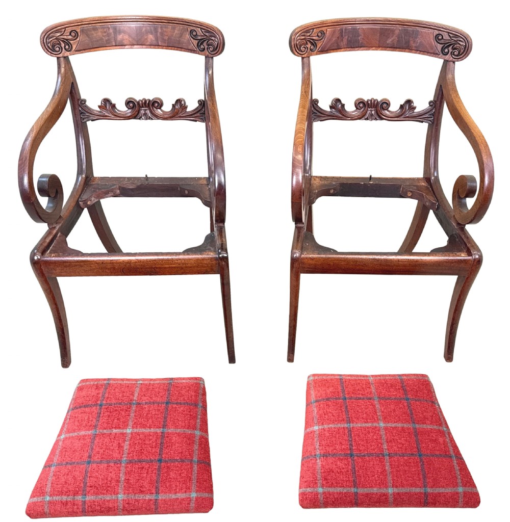 A pair of Regency mahogany carver armchairs featuring scrolled arms, carved back rails, and red plaid upholstered drop-in seats. View XIII
