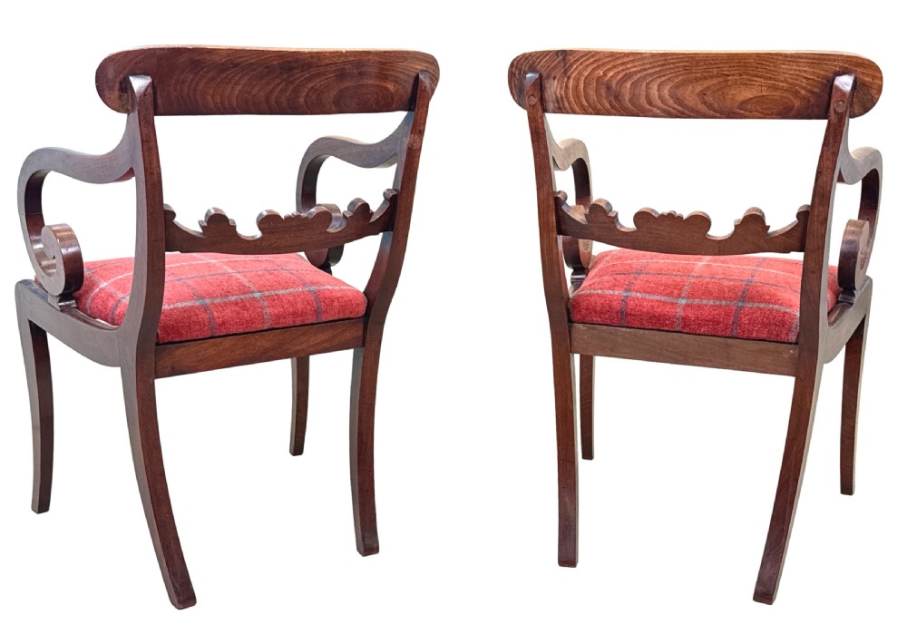 A pair of Regency mahogany carver armchairs featuring scrolled arms, carved back rails, and red plaid upholstered drop-in seats. View XIV