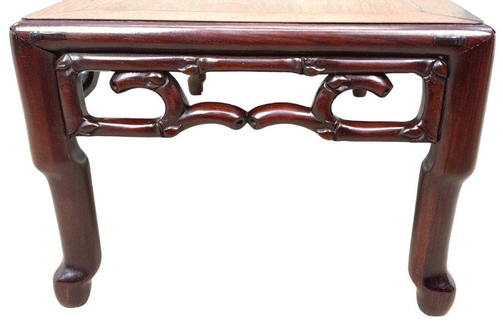 A 19th-century Chinese hardwood coffee table with a rectangular inset top, openwork carved bamboo apron, and low legs. View IV