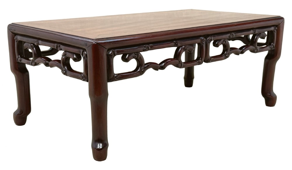 A 19th-century Chinese hardwood coffee table with a rectangular inset top, openwork carved bamboo apron, and low legs. View X