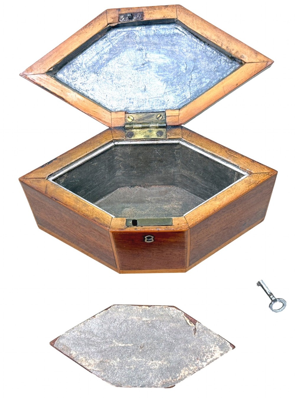 An 18th-century Georgian hexagonal mahogany tea caddy with line inlay and a shell medallion on the lid. View IV