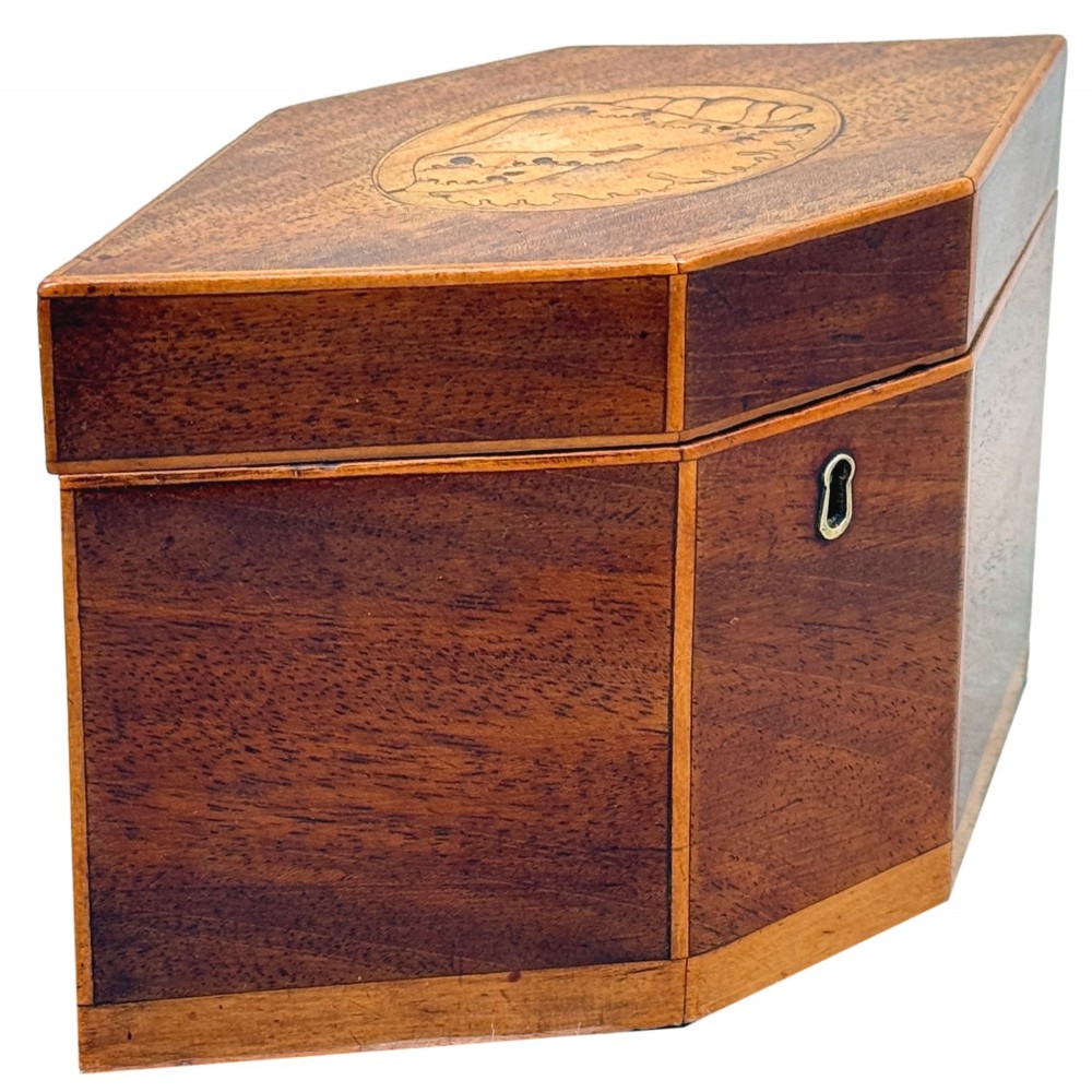 An 18th-century Georgian hexagonal mahogany tea caddy with line inlay and a shell medallion on the lid. View VIII