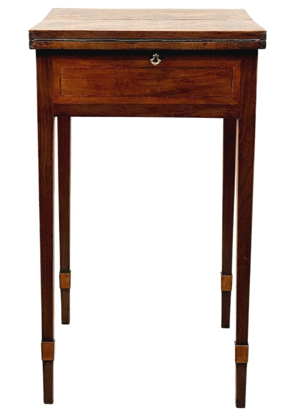 An 18th-century Georgian mahogany patience table featuring a folding top, brass corner brackets, a single drawer with ring handles, and square tapered legs. View VIII