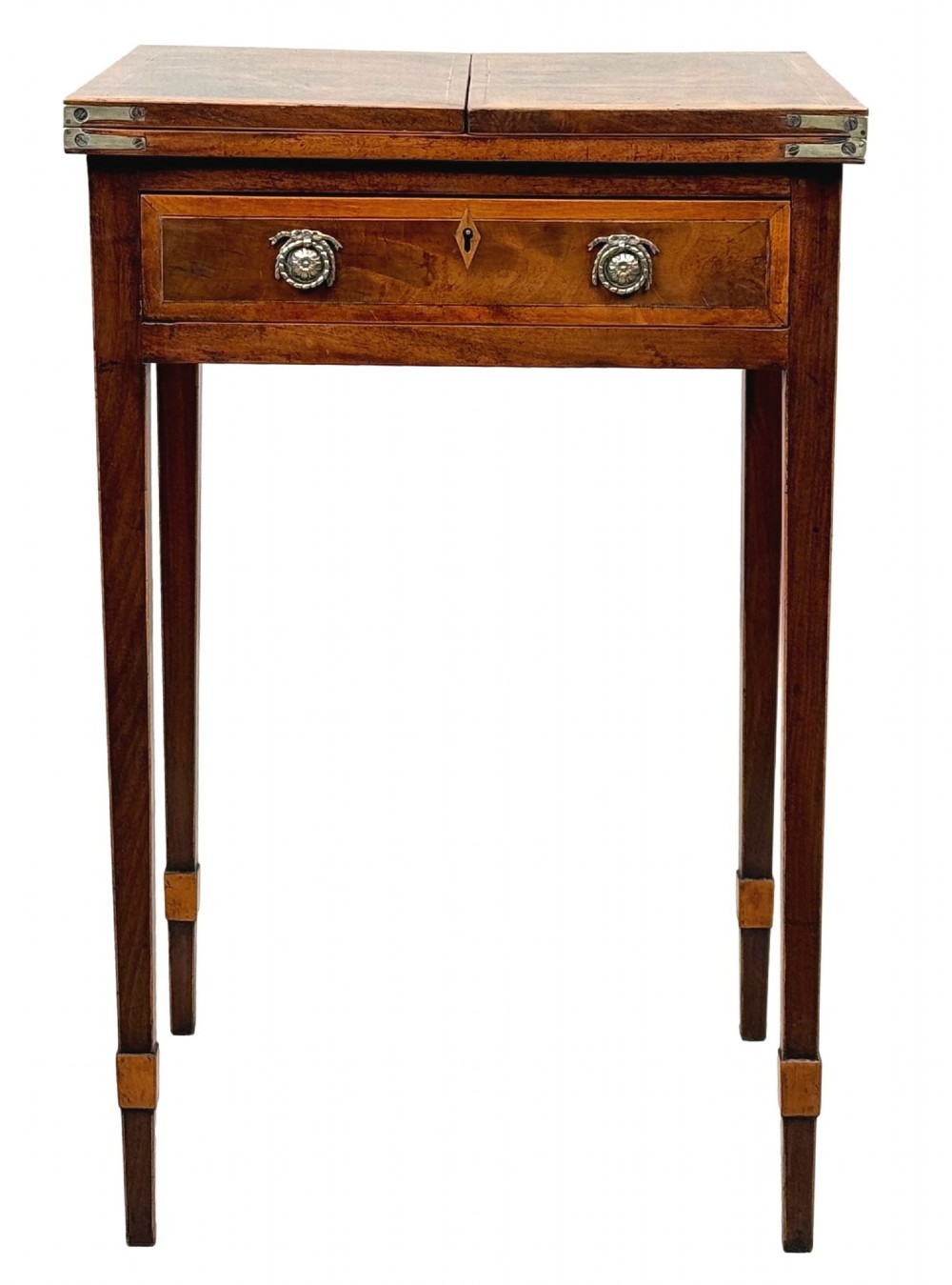 An 18th-century Georgian mahogany patience table featuring a folding top, brass corner brackets, a single drawer with ring handles, and square tapered legs. View XIII