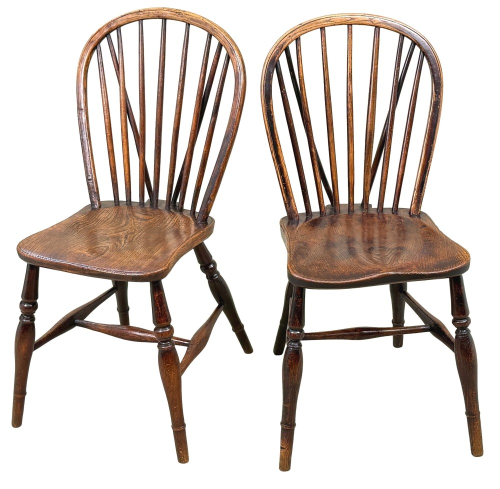A set of six 19th-century dark wooden farmhouse dining chairs featuring hoop backs with vertical spindles and turned legs. View XI