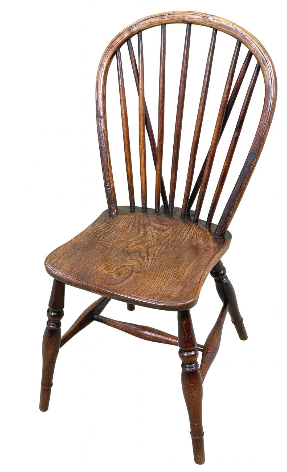 A set of six 19th-century dark wooden farmhouse dining chairs featuring hoop backs with vertical spindles and turned legs. View XIV