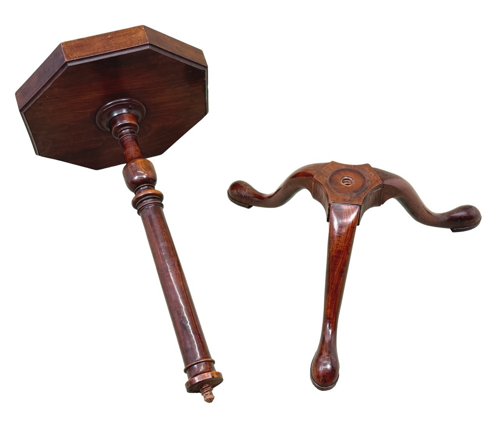 An 18th-century Georgian mahogany torchere stand featuring an octagonal tray top with raised gallery, a turned column, and a tripod base. View VI