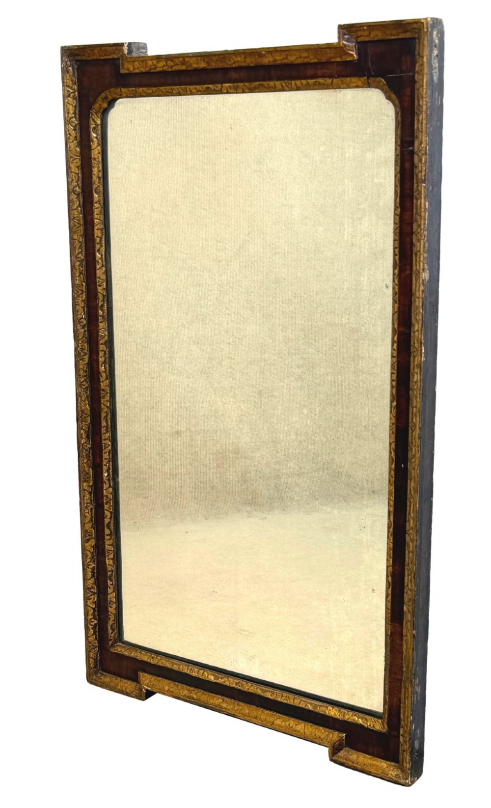 An early 18th-century rectangular wall mirror featuring a dark walnut frame bordered with gilded leaf mouldings and stepped projecting corners. View X