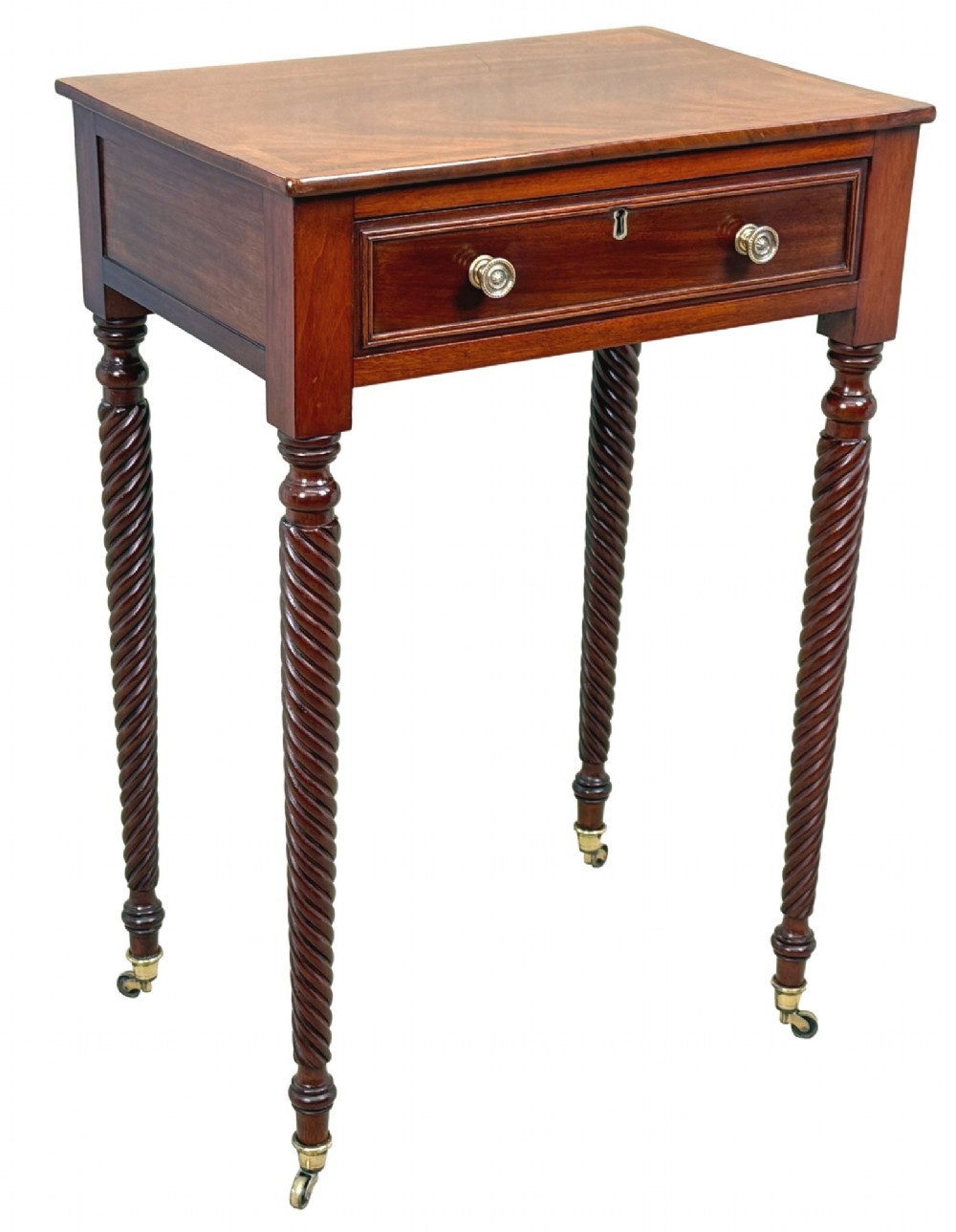A 19th-century Regency mahogany occasional table featuring a single drawer with brass knobs, spiral turned legs, and brass castors. View IX