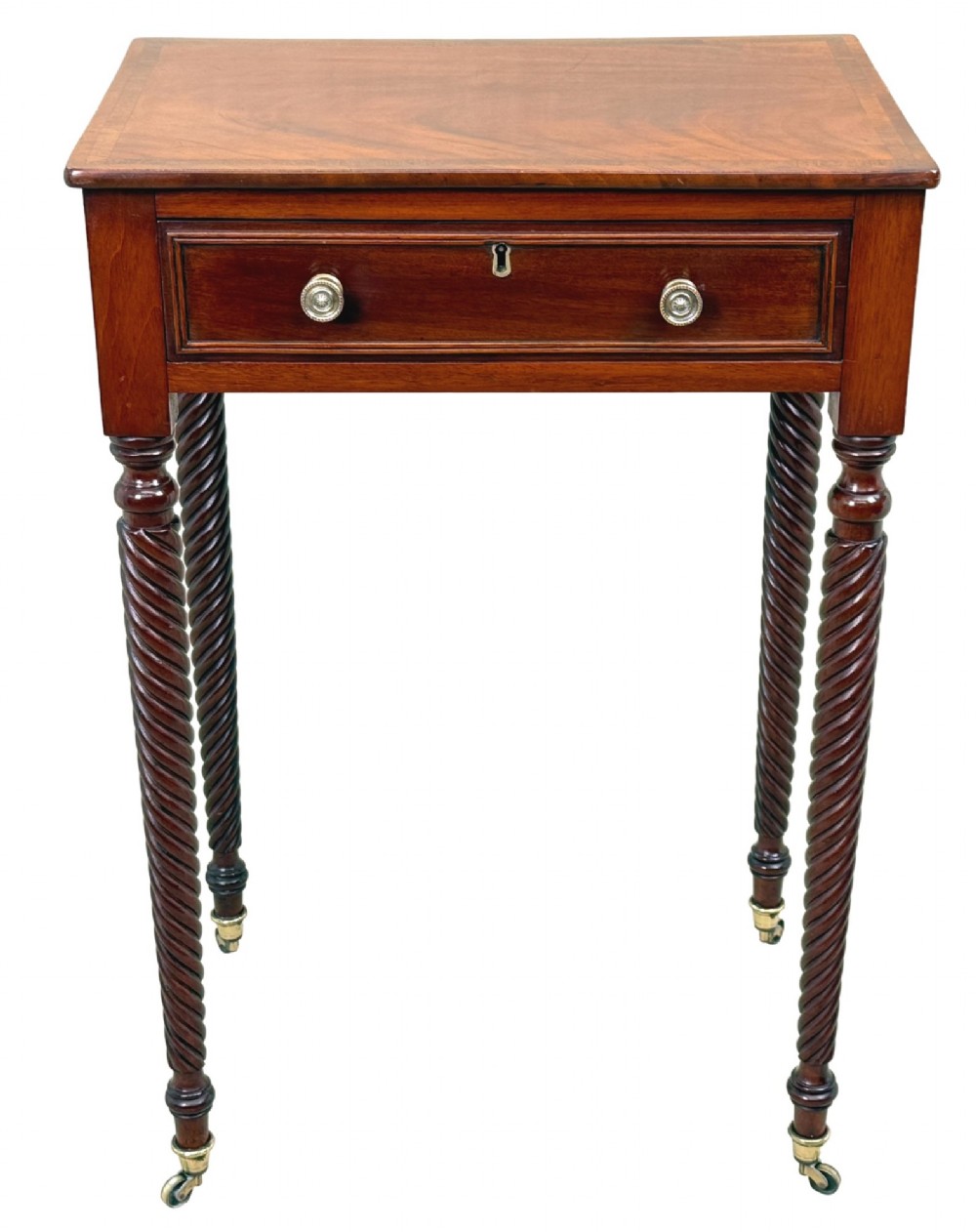 A 19th-century Regency mahogany occasional table featuring a single drawer with brass knobs, spiral turned legs, and brass castors. View X