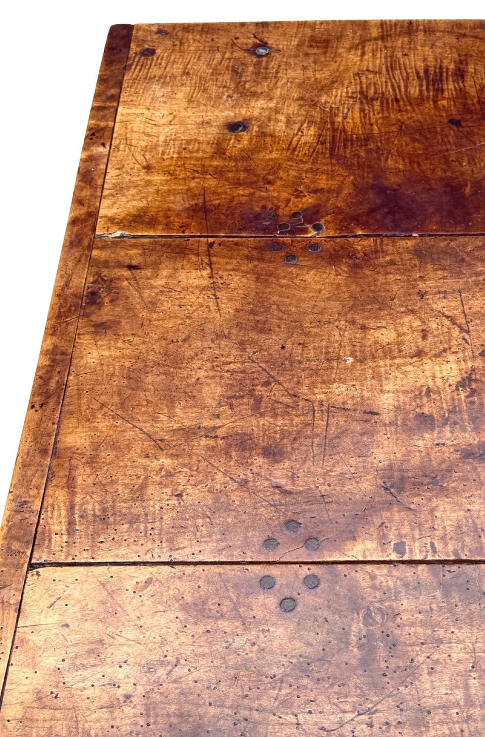 An 18th-century English farmhouse dining table crafted from warm brown oak with a wide three-plank top, plain apron, and an H-stretcher base. View IX