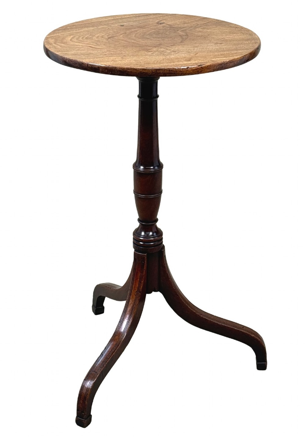 An 18th-century Georgian mahogany wine table featuring a flat circular top supported by a turned central column and three slender cabriole tripod legs.