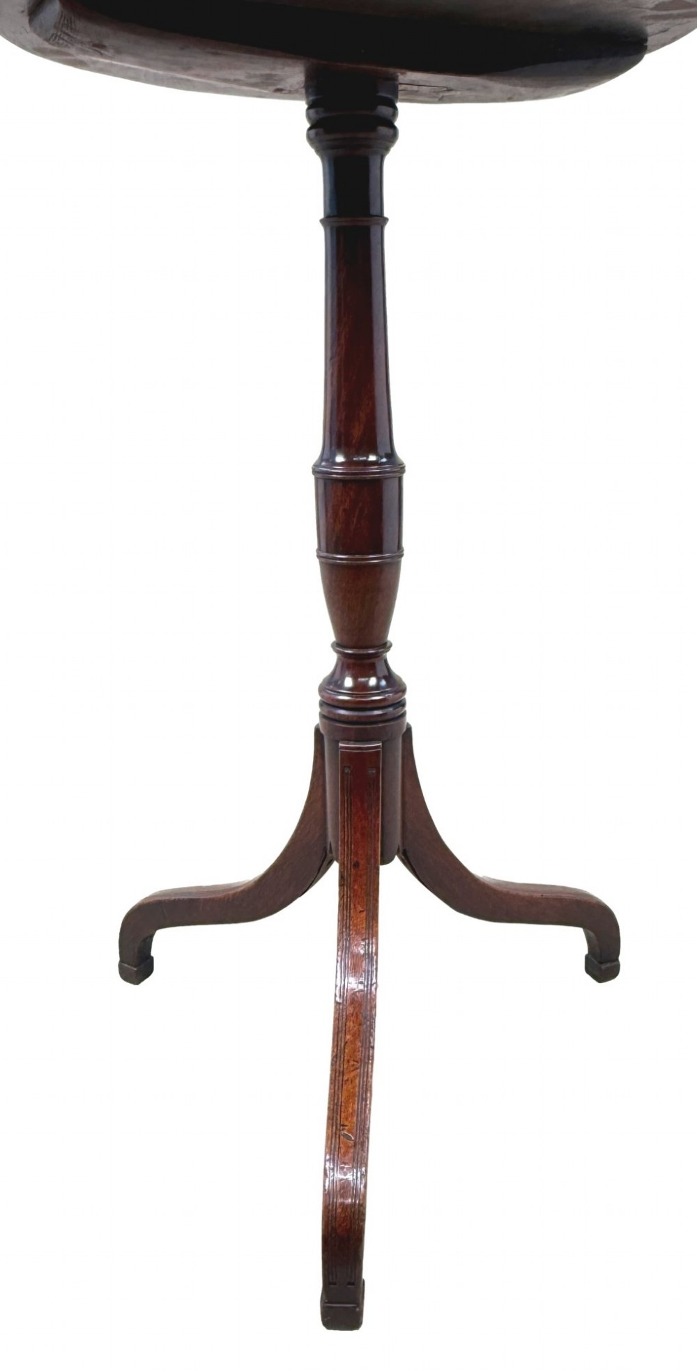 An 18th-century Georgian mahogany wine table featuring a flat circular top supported by a turned central column and three slender cabriole tripod legs. View III