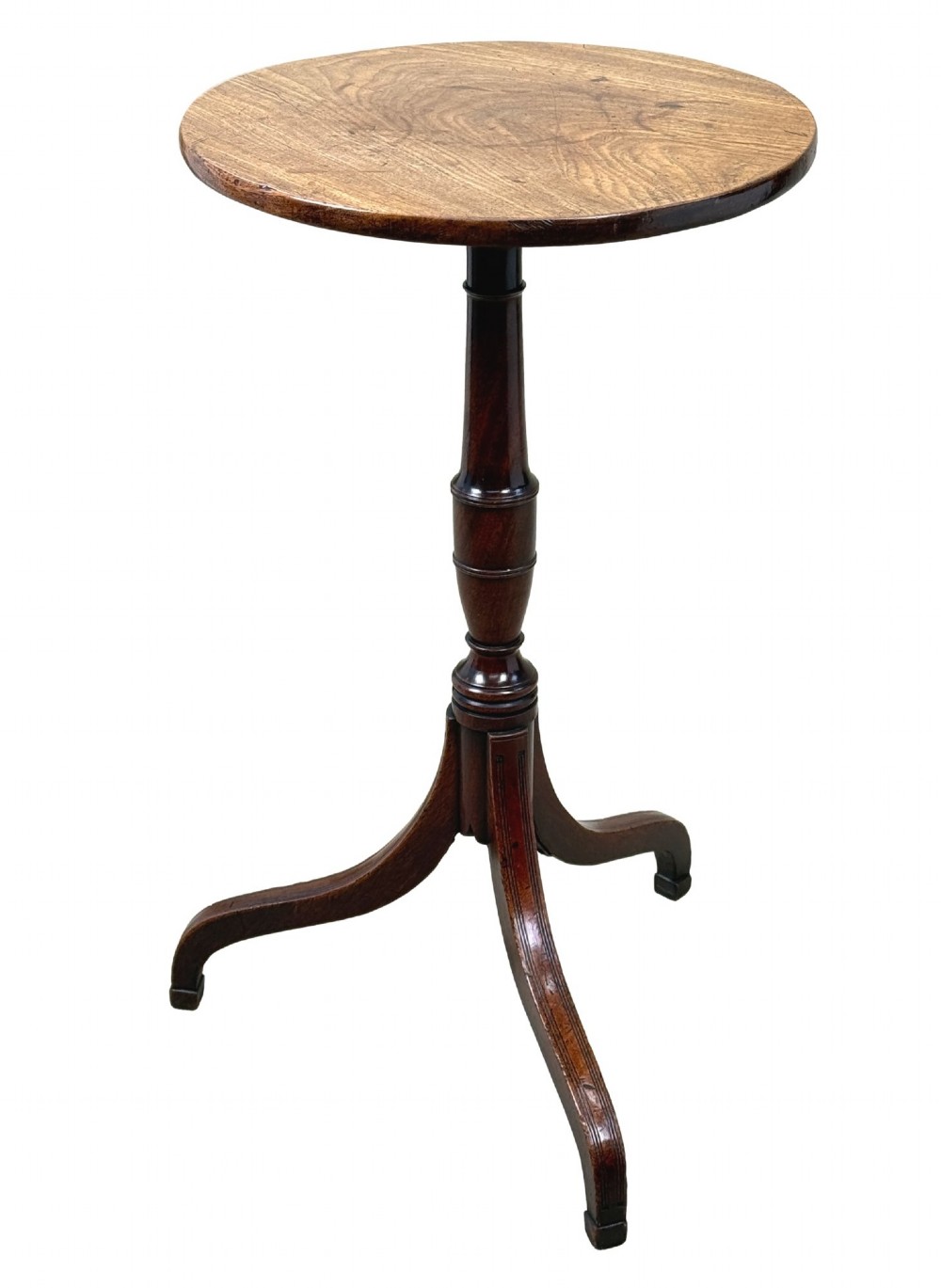 An 18th-century Georgian mahogany wine table featuring a flat circular top supported by a turned central column and three slender cabriole tripod legs. View IV