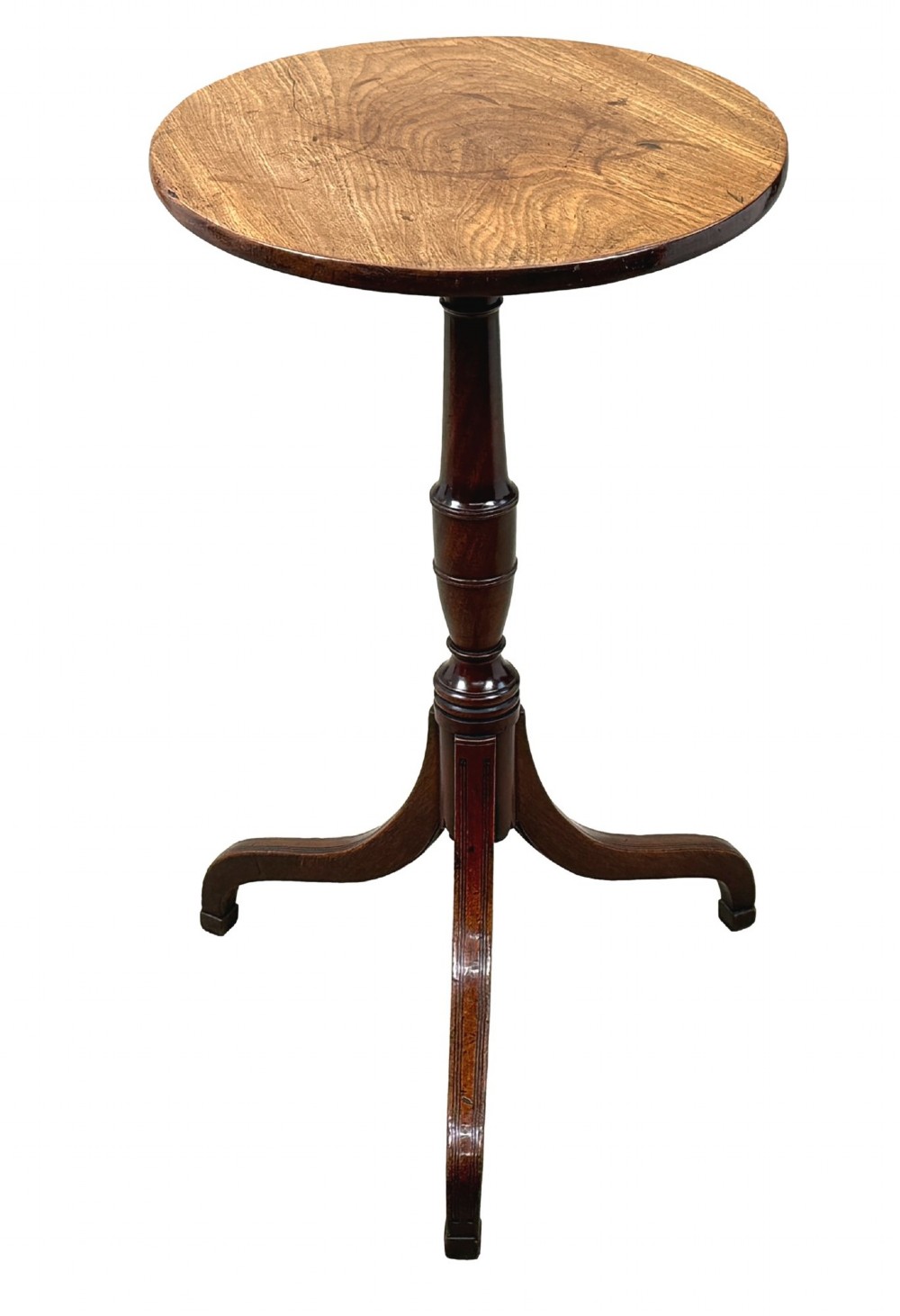 An 18th-century Georgian mahogany wine table featuring a flat circular top supported by a turned central column and three slender cabriole tripod legs. View VII