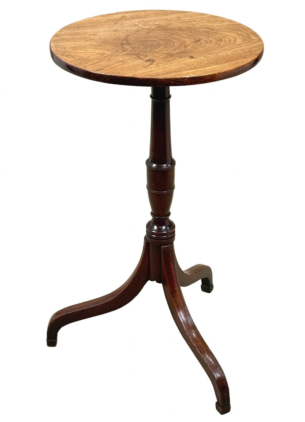 An 18th-century Georgian mahogany wine table featuring a flat circular top supported by a turned central column and three slender cabriole tripod legs. View X