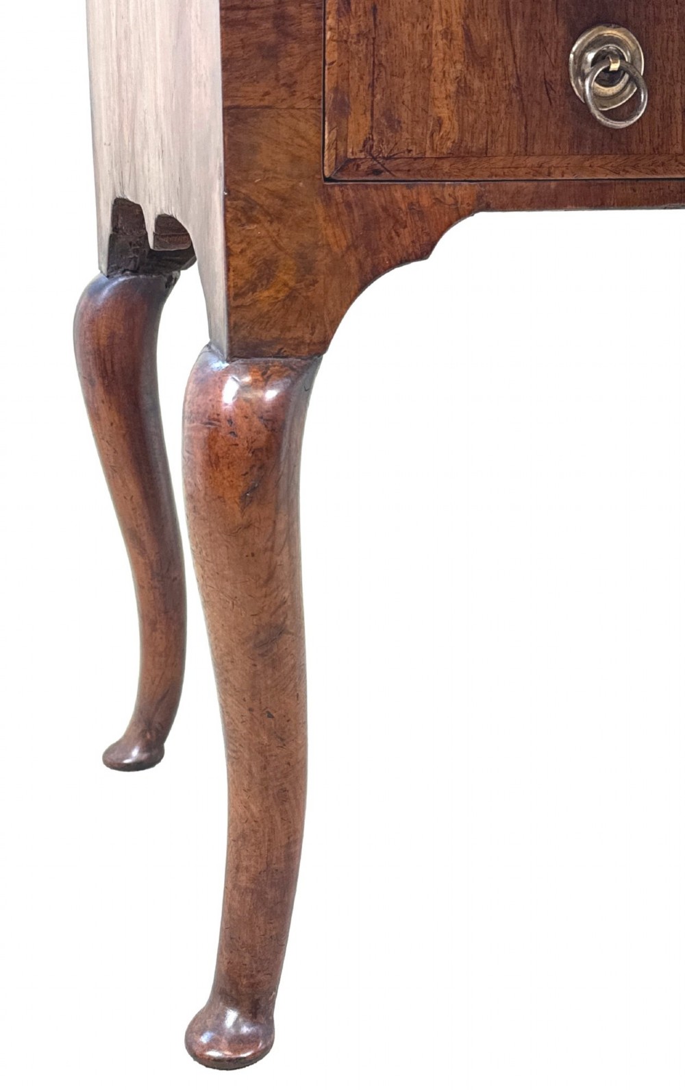 An early 18th-century walnut bureau on legs featuring a slant-front lid, small drawers with brass teardrop handles, and cabriole legs. View VIII