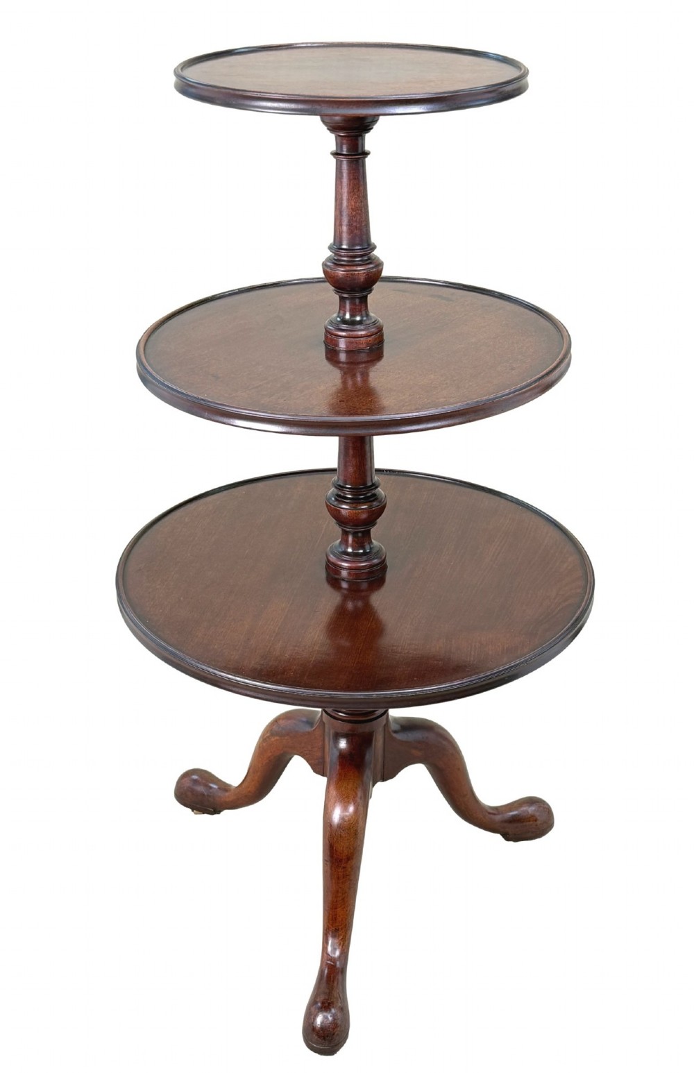 An 18th-century Georgian mahogany dumbwaiter featuring three graduated circular dished tiers supported by a turned central column and a tripod base with pad feet. View IV