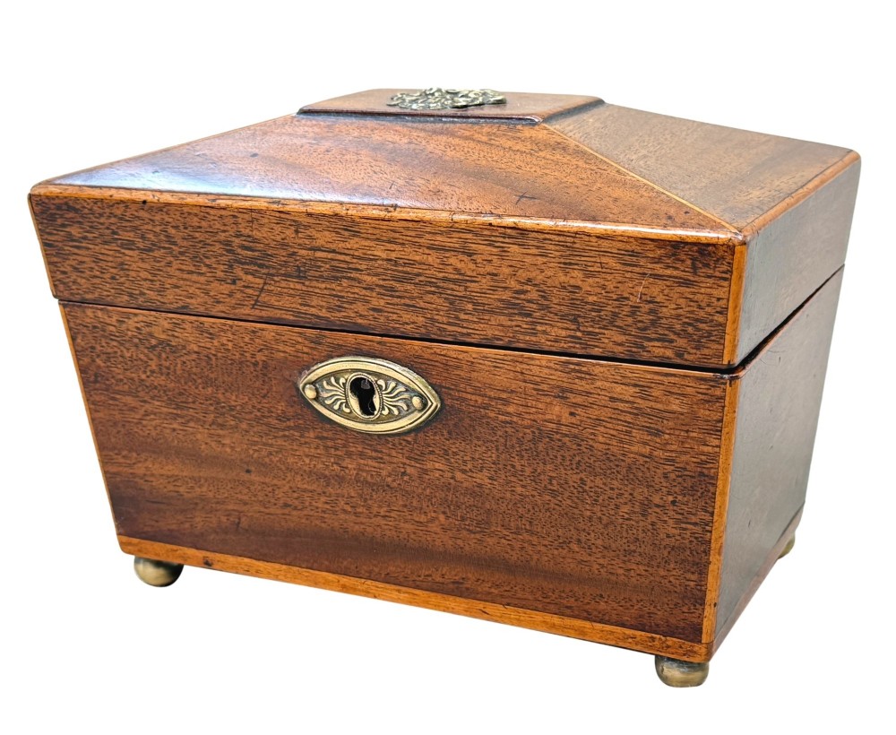 An eighteenth-century Georgian mahogany tea caddy featuring a sarcophagus shape, boxwood edging, an oval brass escutcheon, and brass ball feet.