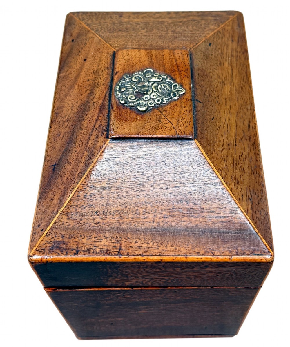 An eighteenth-century Georgian mahogany tea caddy featuring a sarcophagus shape, boxwood edging, an oval brass escutcheon, and brass ball feet. View II