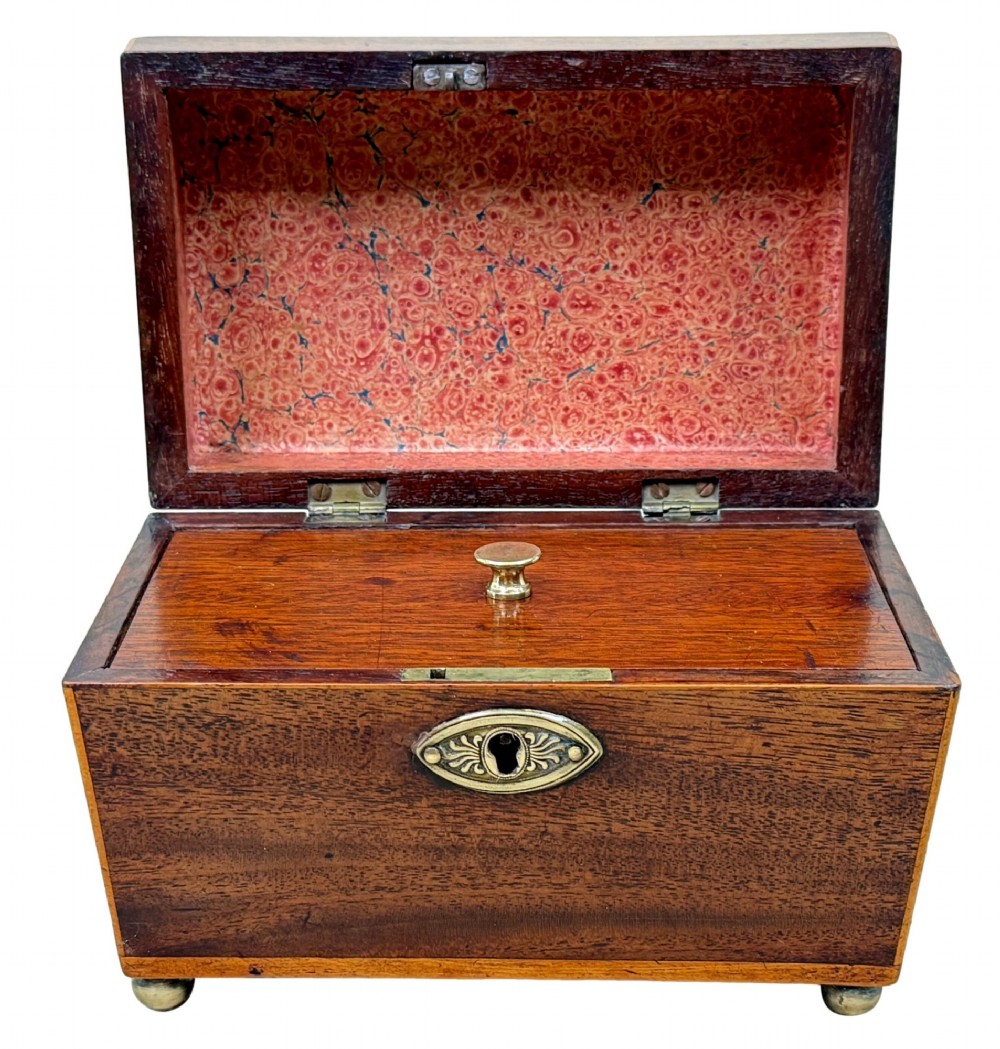 An eighteenth-century Georgian mahogany tea caddy featuring a sarcophagus shape, boxwood edging, an oval brass escutcheon, and brass ball feet. View III