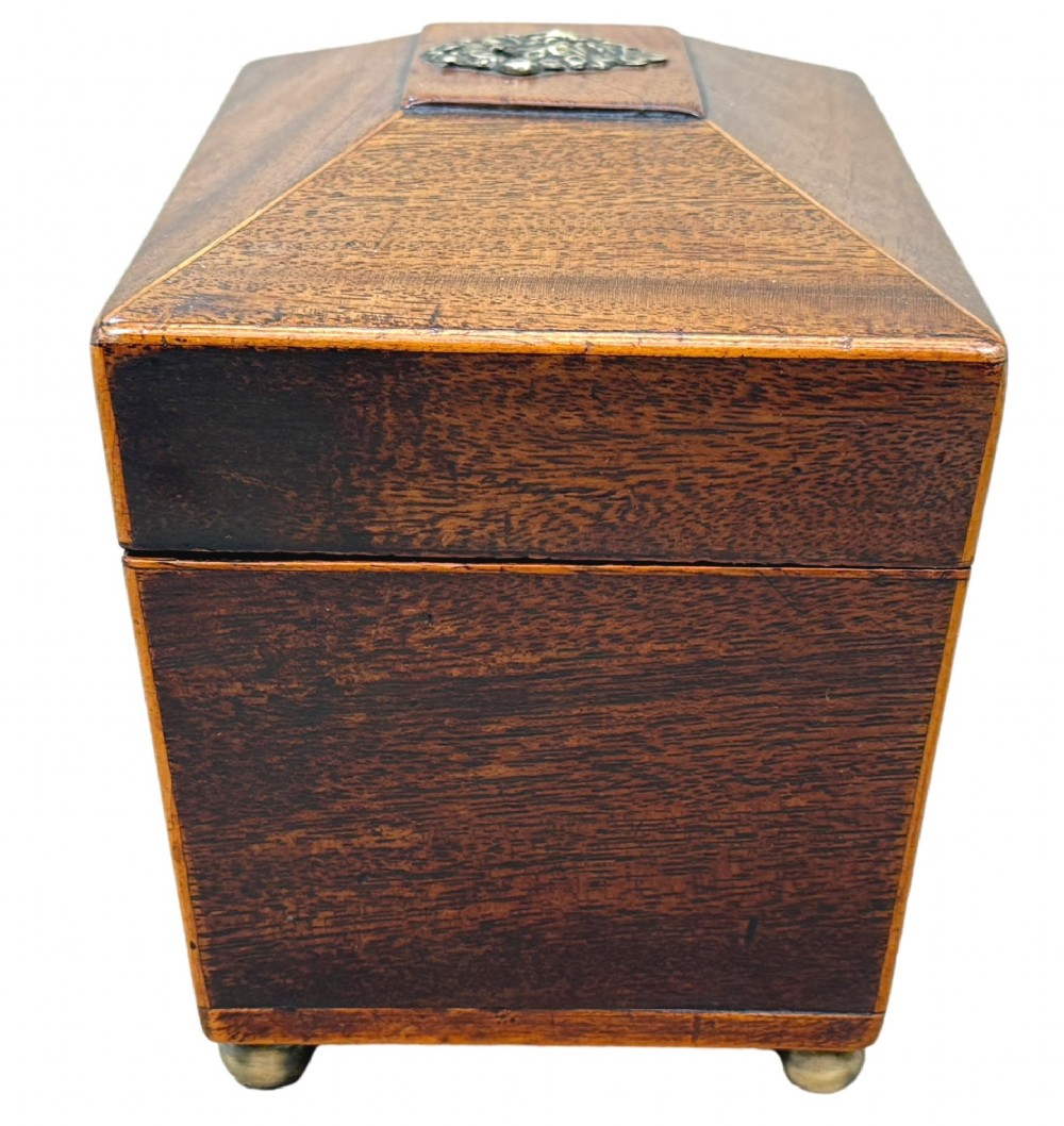 An eighteenth-century Georgian mahogany tea caddy featuring a sarcophagus shape, boxwood edging, an oval brass escutcheon, and brass ball feet. View IV