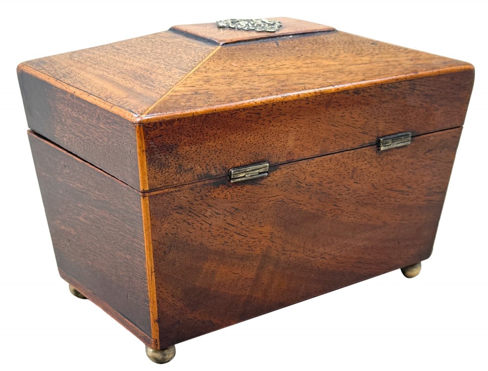 An eighteenth-century Georgian mahogany tea caddy featuring a sarcophagus shape, boxwood edging, an oval brass escutcheon, and brass ball feet. View V