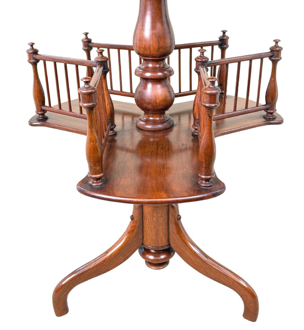 A 19th-century Victorian burr walnut circular occasional table with a central turned column, three-section spindle gallery tier, and a tripod base. View II