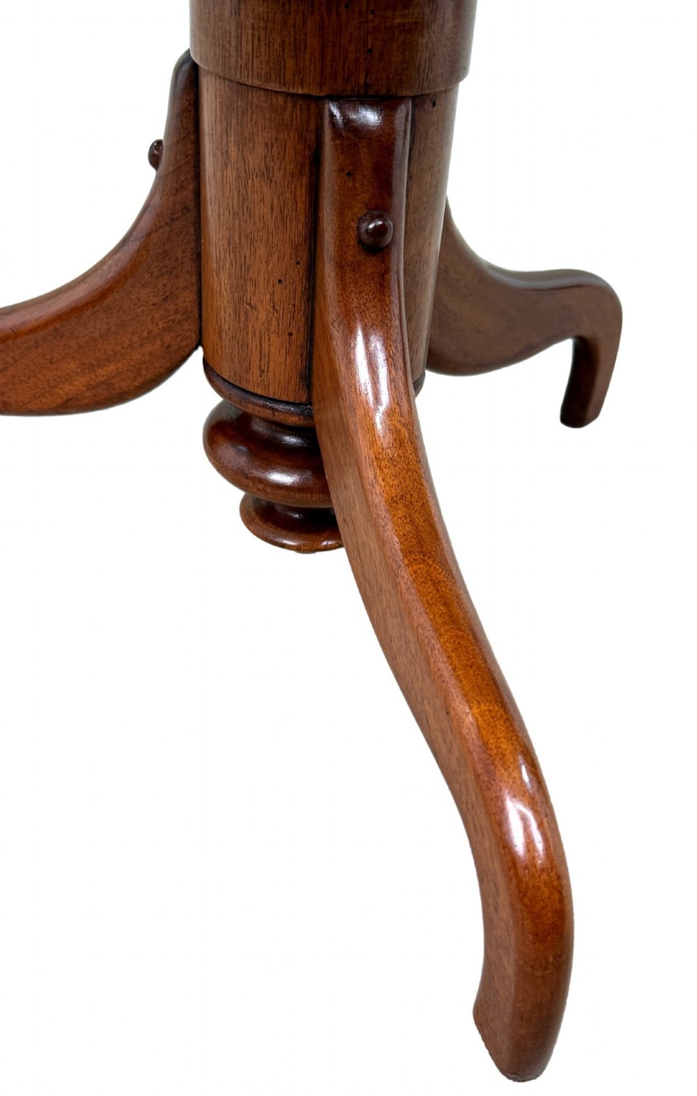 A 19th-century Victorian burr walnut circular occasional table with a central turned column, three-section spindle gallery tier, and a tripod base. View IX