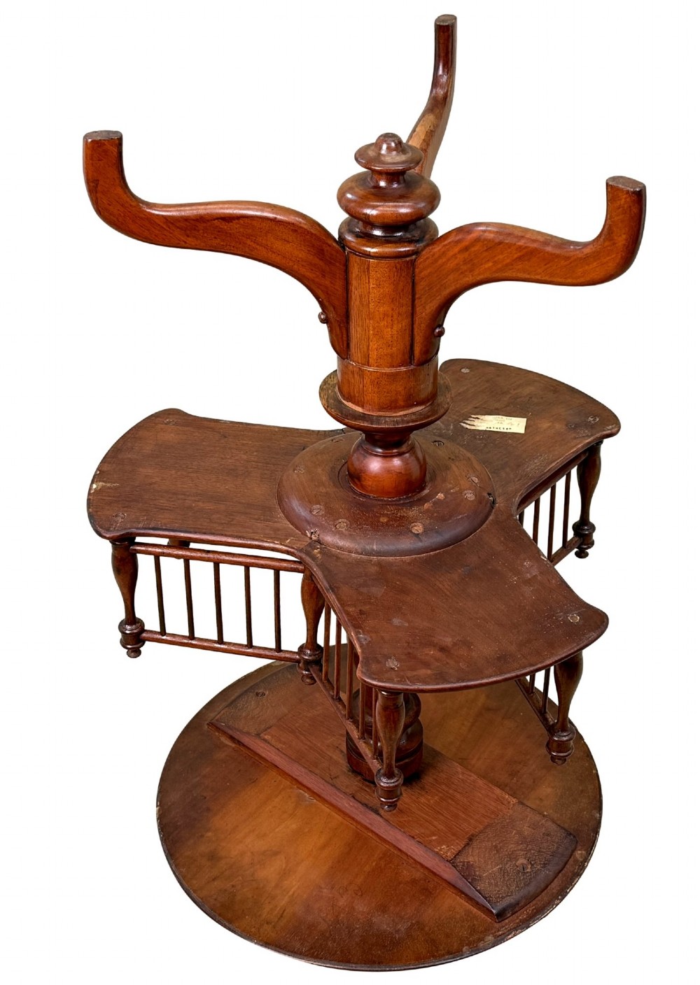 A 19th-century Victorian burr walnut circular occasional table with a central turned column, three-section spindle gallery tier, and a tripod base. View XI