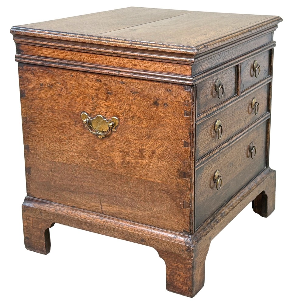 An 18th-century dark oak close stool designed as a small chest with faux drawer fronts, brass ring handles, and bracket feet. View V
