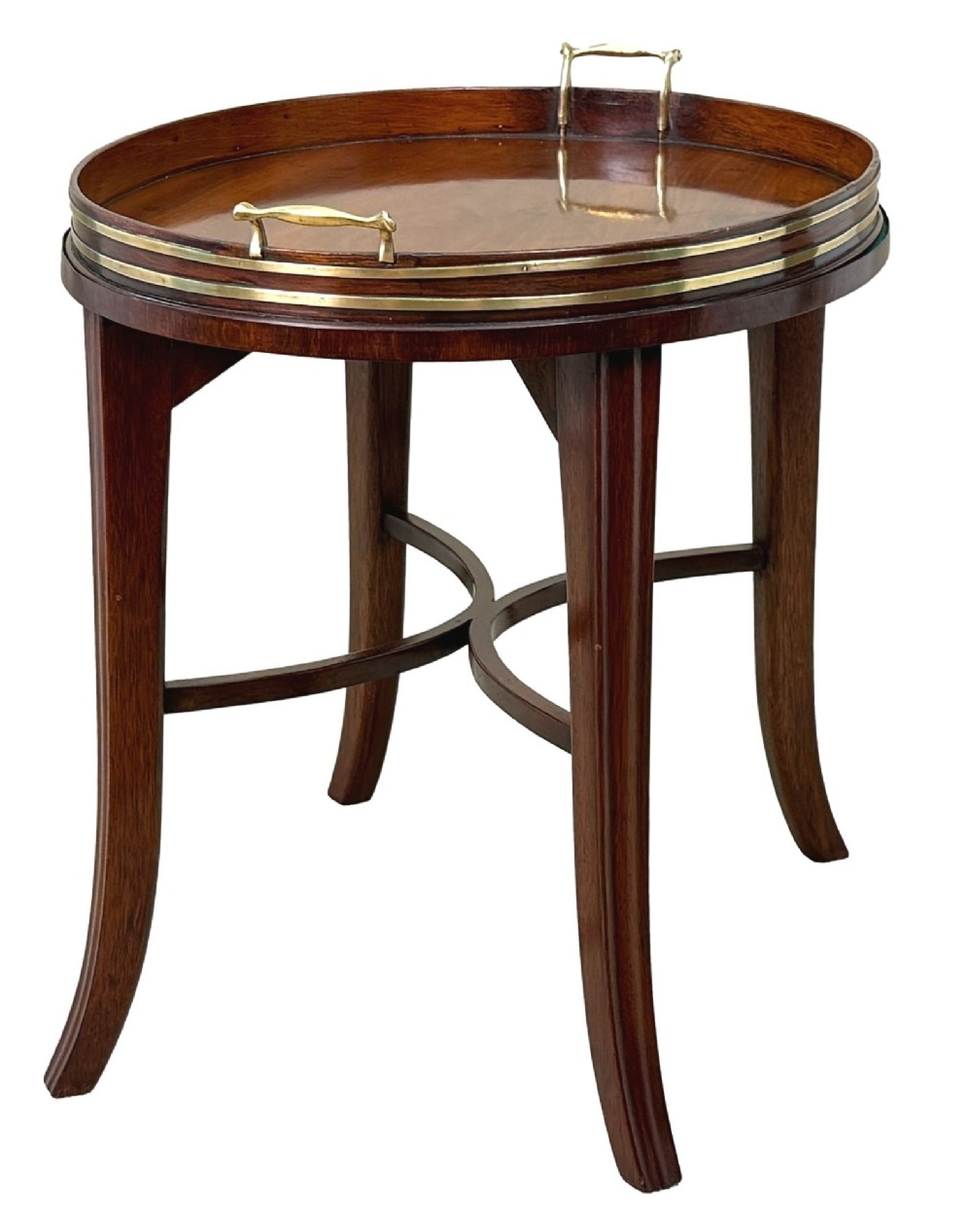 A Georgian mahogany oval tray table featuring a double brass-bound gallery rim, twin side handles, and four splayed legs joined by an X-frame stretcher. View II