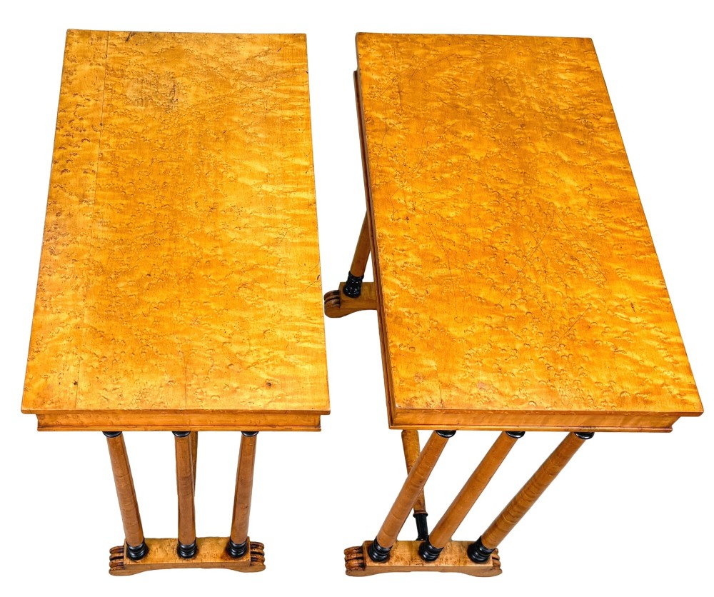 A pair of Regency birdseye maple occasional tables featuring quadrupled slender turned legs with ebonised details and a stretcher base. View VI