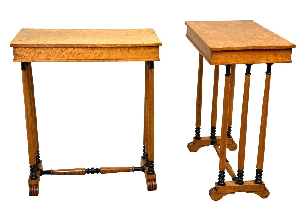 A pair of Regency birdseye maple occasional tables featuring quadrupled slender turned legs with ebonised details and a stretcher base. View VII