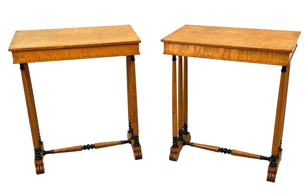 A pair of Regency birdseye maple occasional tables featuring quadrupled slender turned legs with ebonised details and a stretcher base. View XII