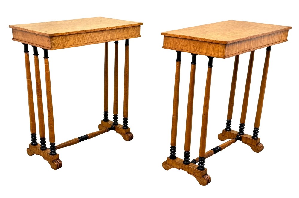 A pair of Regency birdseye maple occasional tables featuring quadrupled slender turned legs with ebonised details and a stretcher base. View XIII