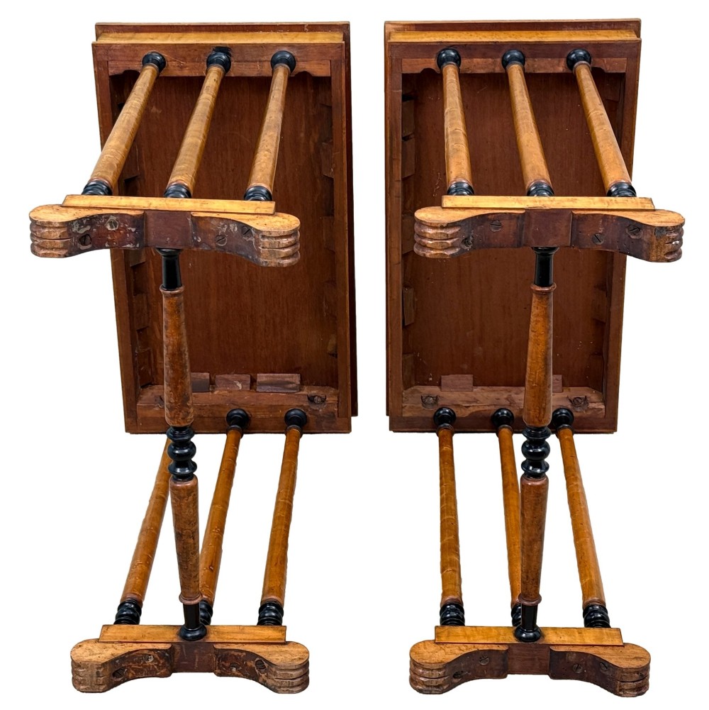 A pair of Regency birdseye maple occasional tables featuring quadrupled slender turned legs with ebonised details and a stretcher base. View XIV