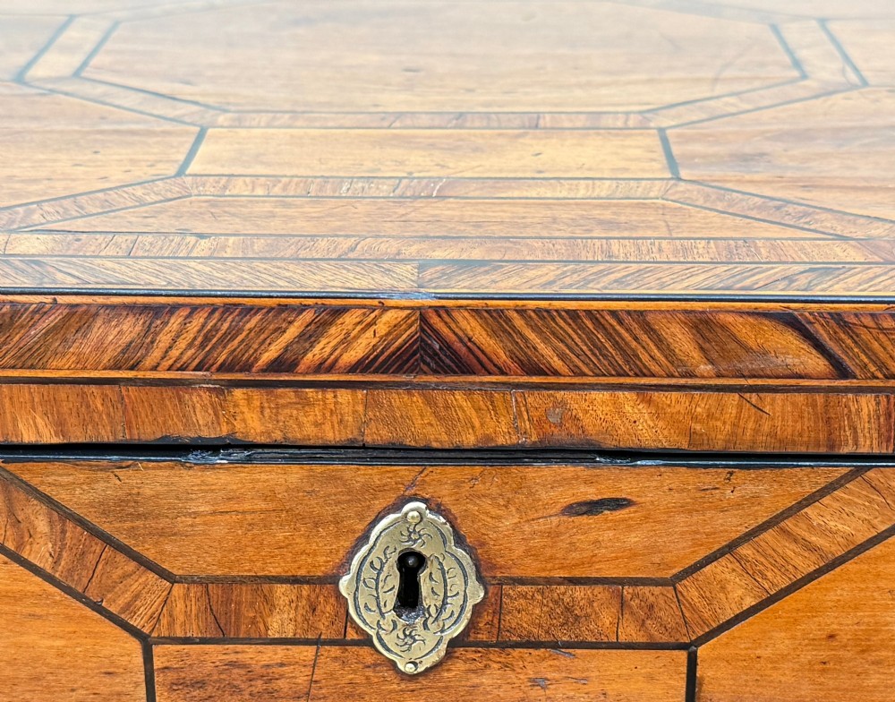 An 18th-century George II satinwood and kingwood parquetry box cellarette with brass carrying handles on square legs. View V
