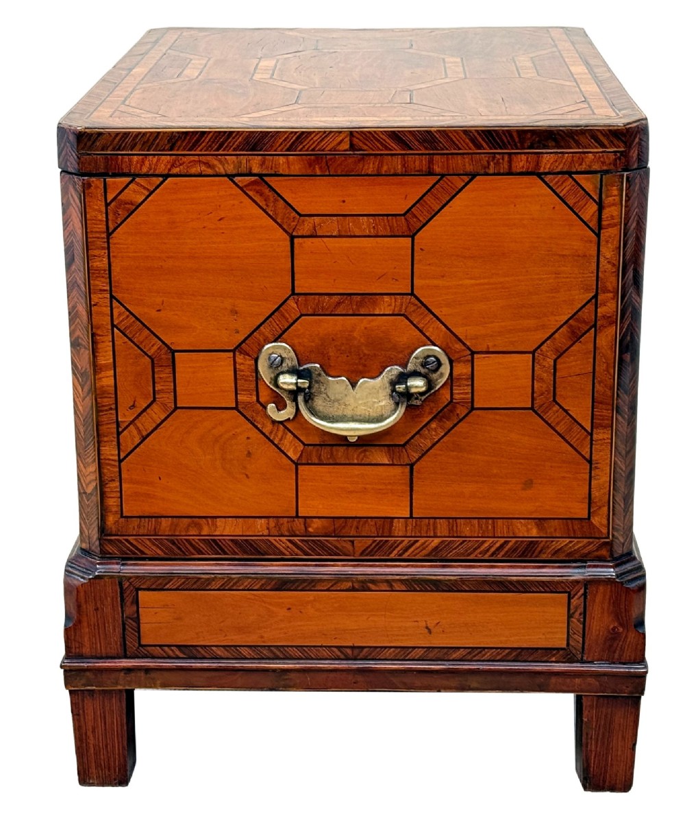 An 18th-century George II satinwood and kingwood parquetry box cellarette with brass carrying handles on square legs. View VI