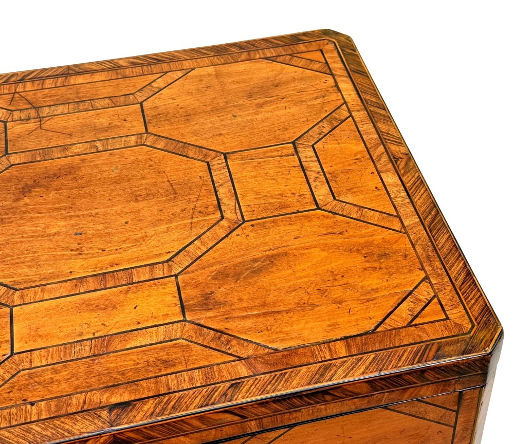 An 18th-century George II satinwood and kingwood parquetry box cellarette with brass carrying handles on square legs. View VII