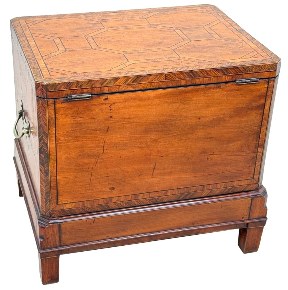 An 18th-century George II satinwood and kingwood parquetry box cellarette with brass carrying handles on square legs. View VIII